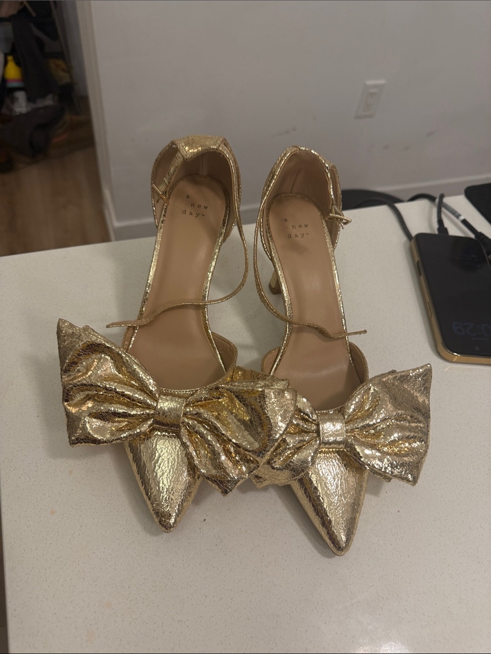 a new day Gold Pointed-Toe Bow Ankle-Strap Heels